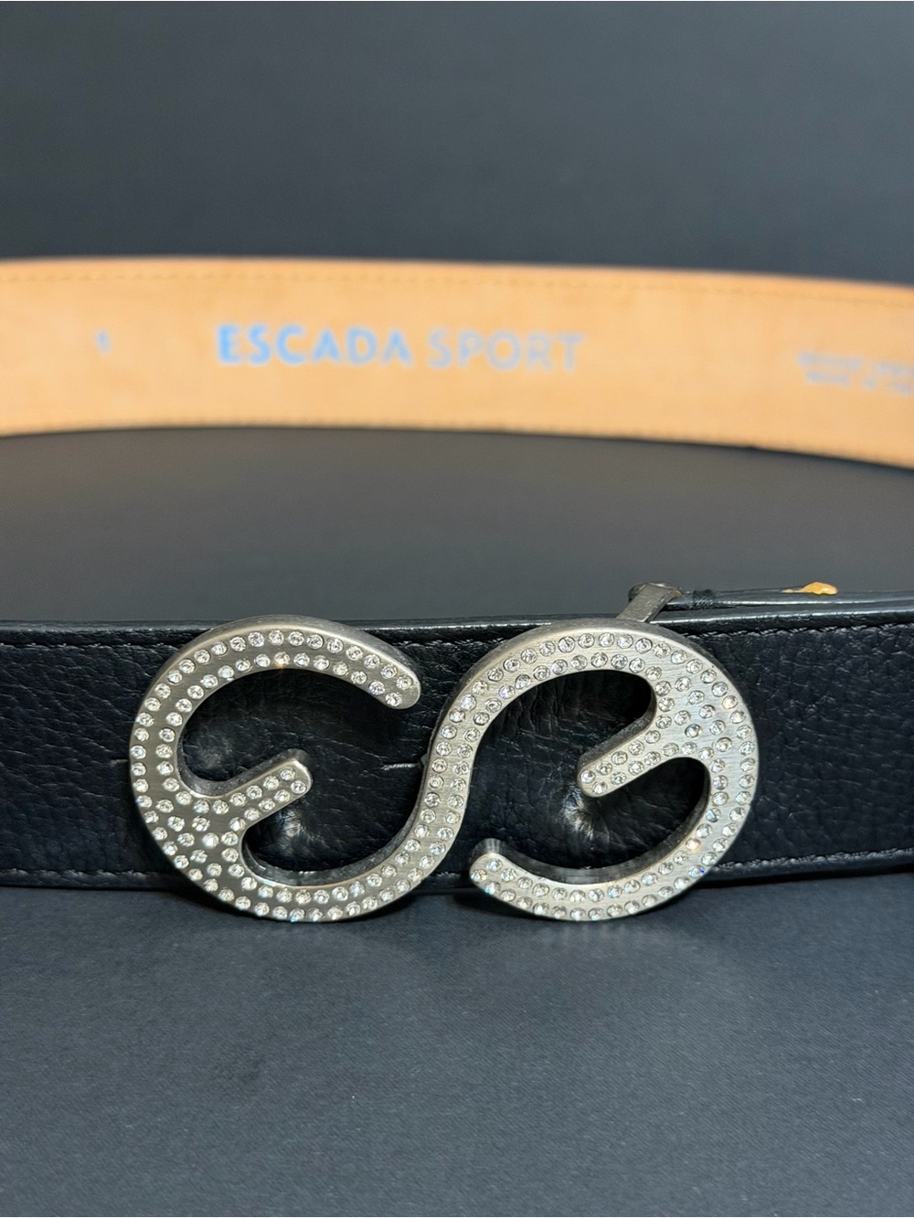 Escada Sport  vintage Women's Black Belt Logo Buckle Rhinestone Adjustable S